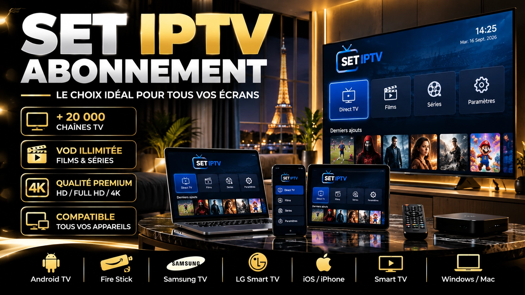 Set IPTV utilisé sur différents appareils compatibles